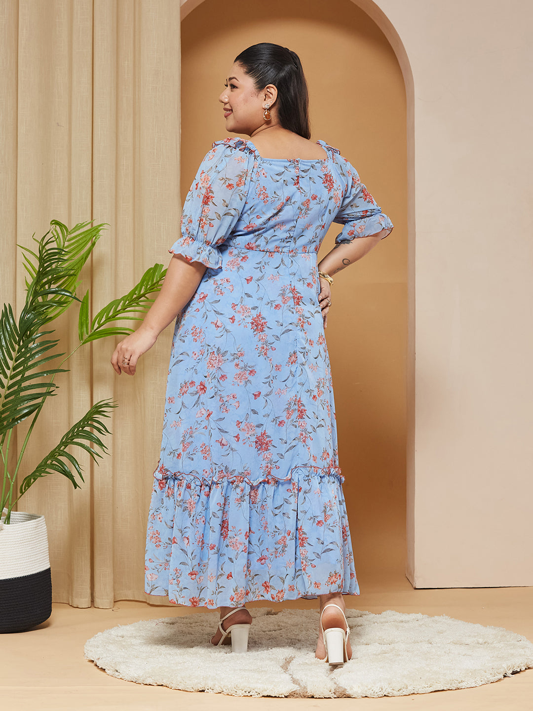 Multicolored-Base-Powder Blue V-Neck Puff-Sleeves Floral Ruching Ankle-Length Dress for Women
