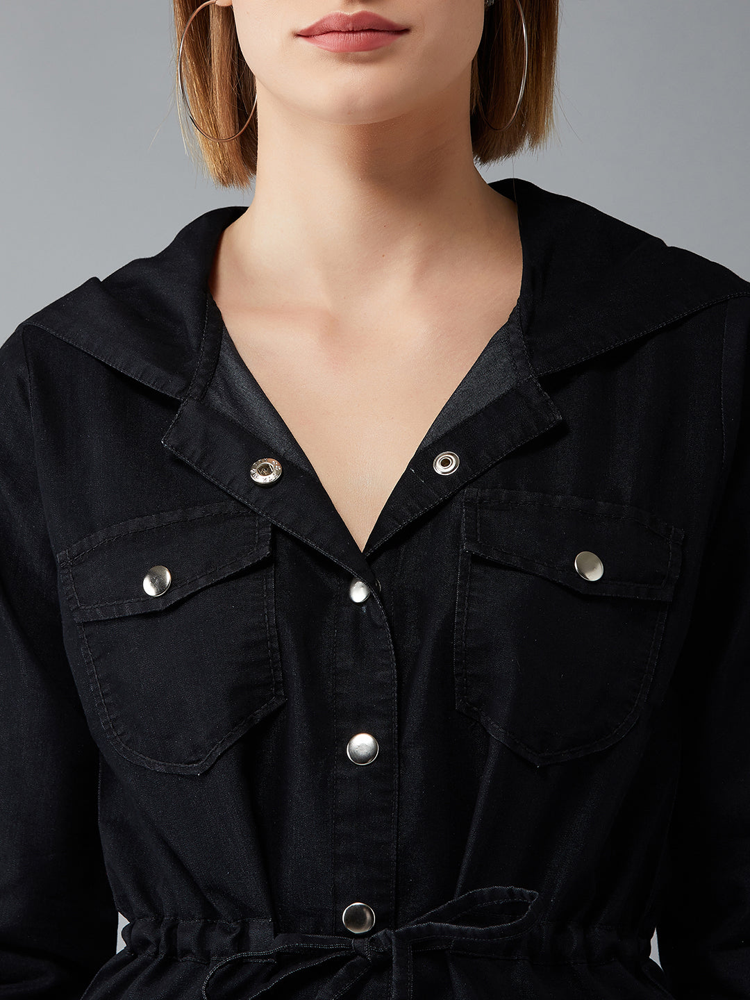 Women's Black Round Neck Full Sleeve Solid Long Hoodie With Tie-Up Regular Jacket