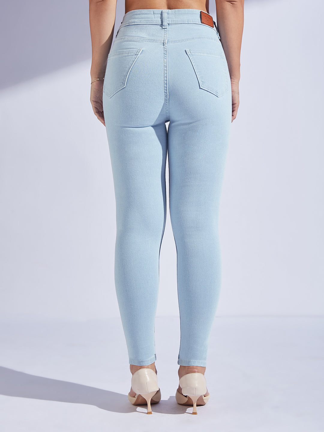 Women's Light Blue Skinny High-Rise Distressed Ice Wash Regular-Length Denim Jeans