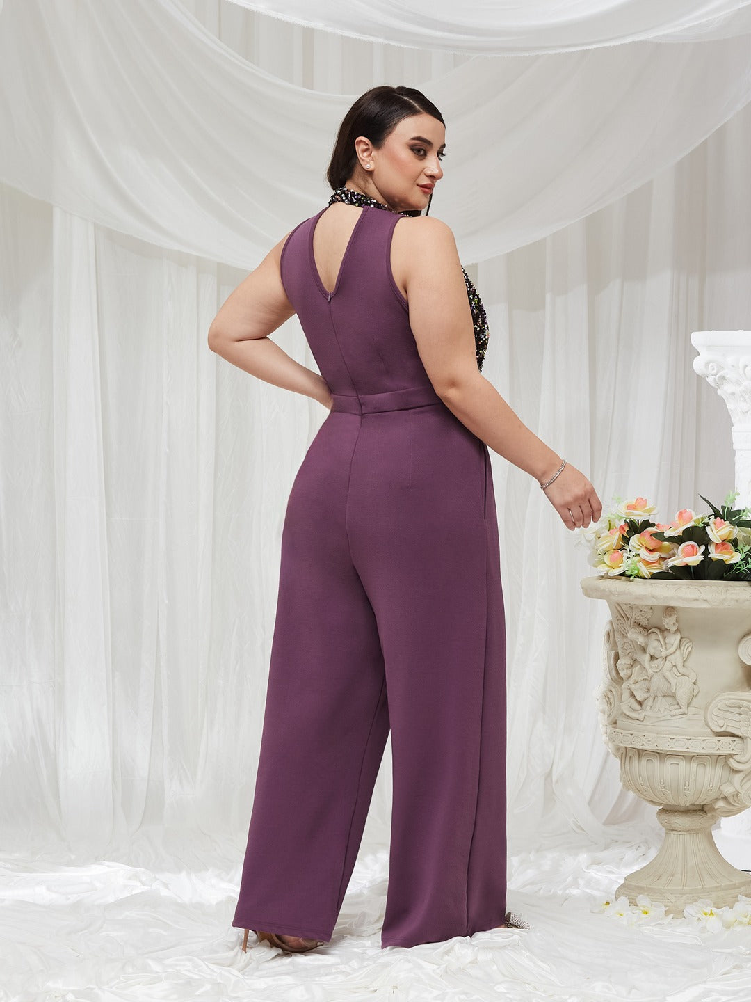 Lavender Halter Neck Sleeveless Embellished Regular-Length Jumpsuit for Women — Miss Chase A+