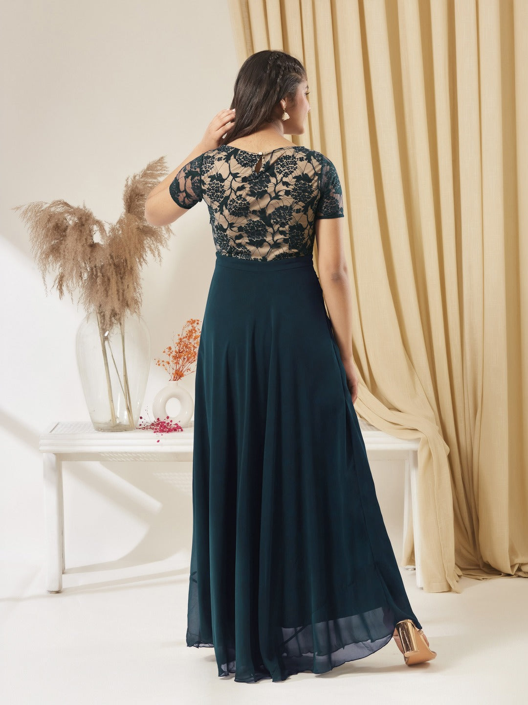 Teal Round Neck Half Sleeve Self Design Fit & Flare Georgette Maxi Dress for Girls/Teenagers