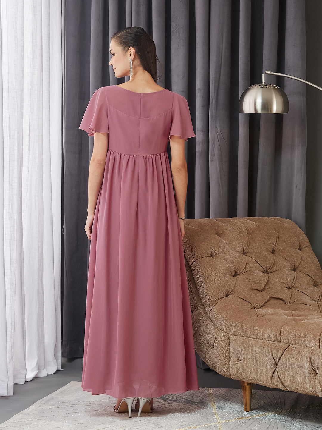 Women's Dusty Lavender Boat Neck Half Sleeve Solid Embellished Georgette Maxi Dress