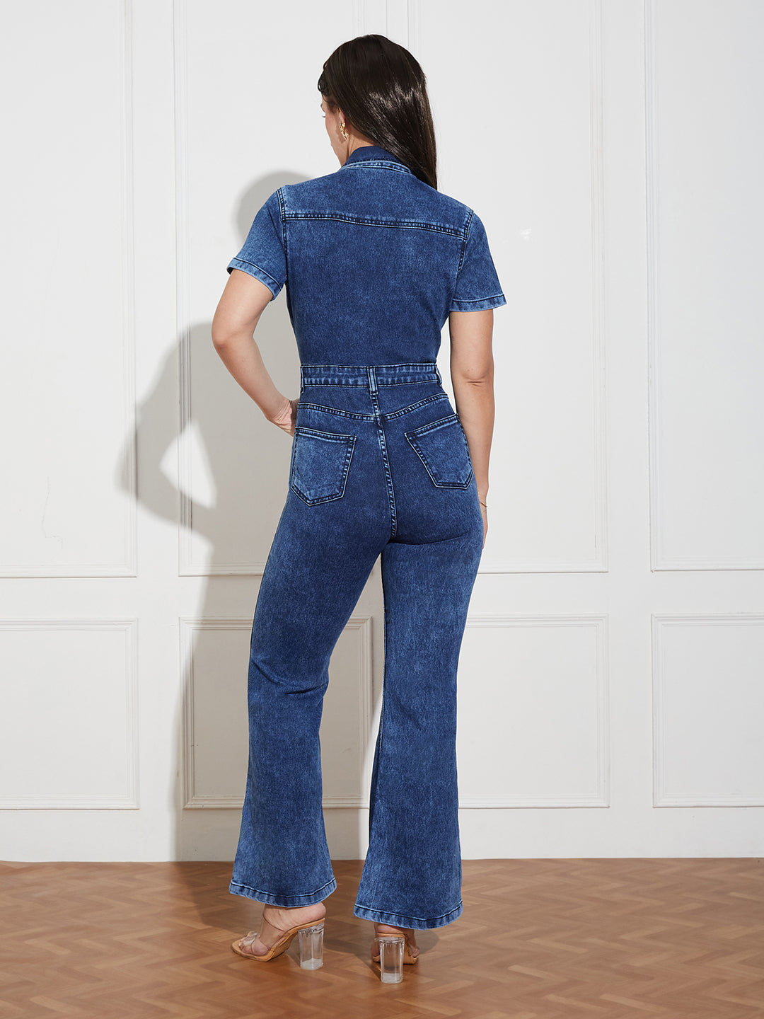 Navy Blue Flared High-Rise Regular Stretchable Denim Jumpsuit for Women