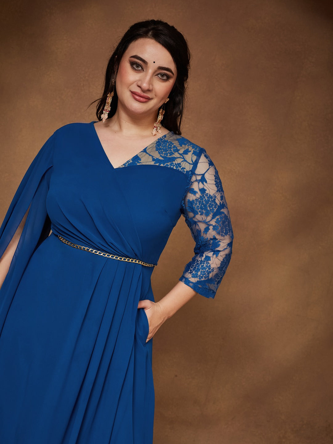 Royal Blue V-Neck Asymmetric Embellished Maxi Georgette Dress for Women