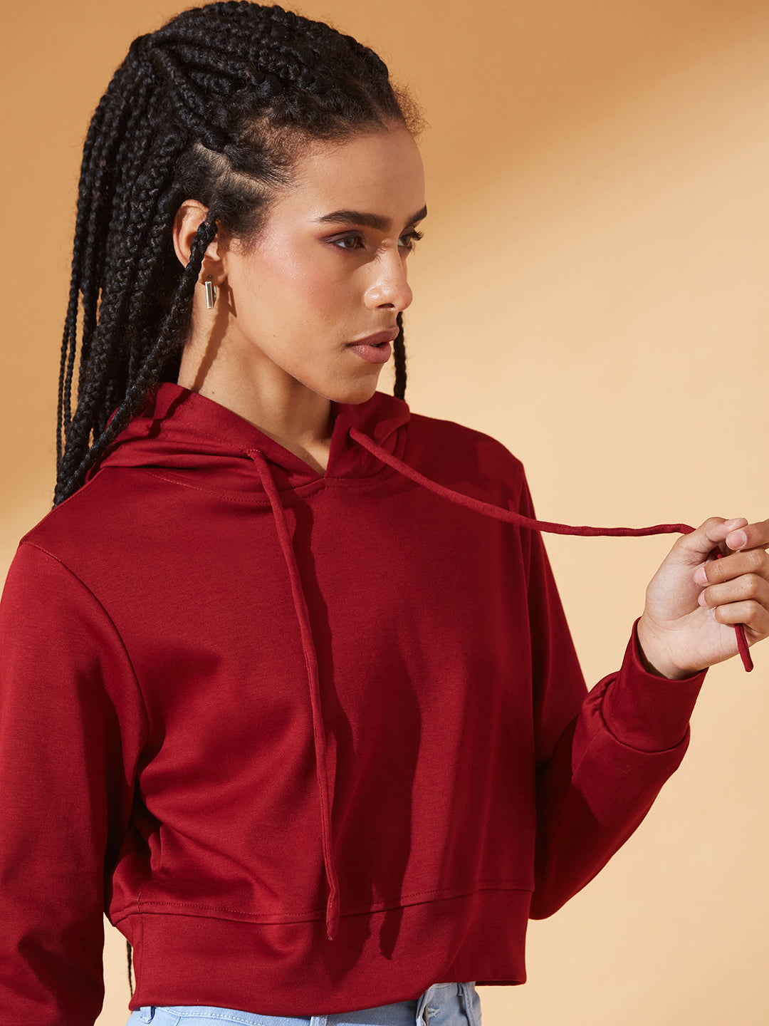 Maroon Solid Round Neck Full Sleeve Hooded Boxy Crop Sweatshirt for Women