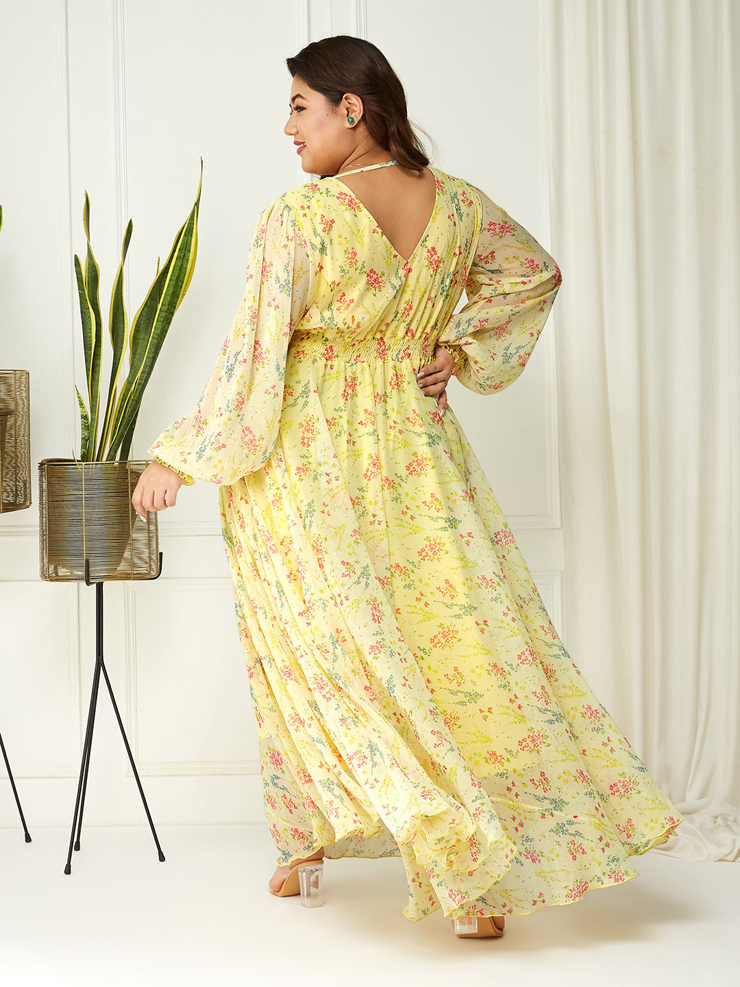 Women's Multicolored-Base-Lime Yellow V-Neck Bishop Sleeve Floral Gathered Chiffon Maxi Dress