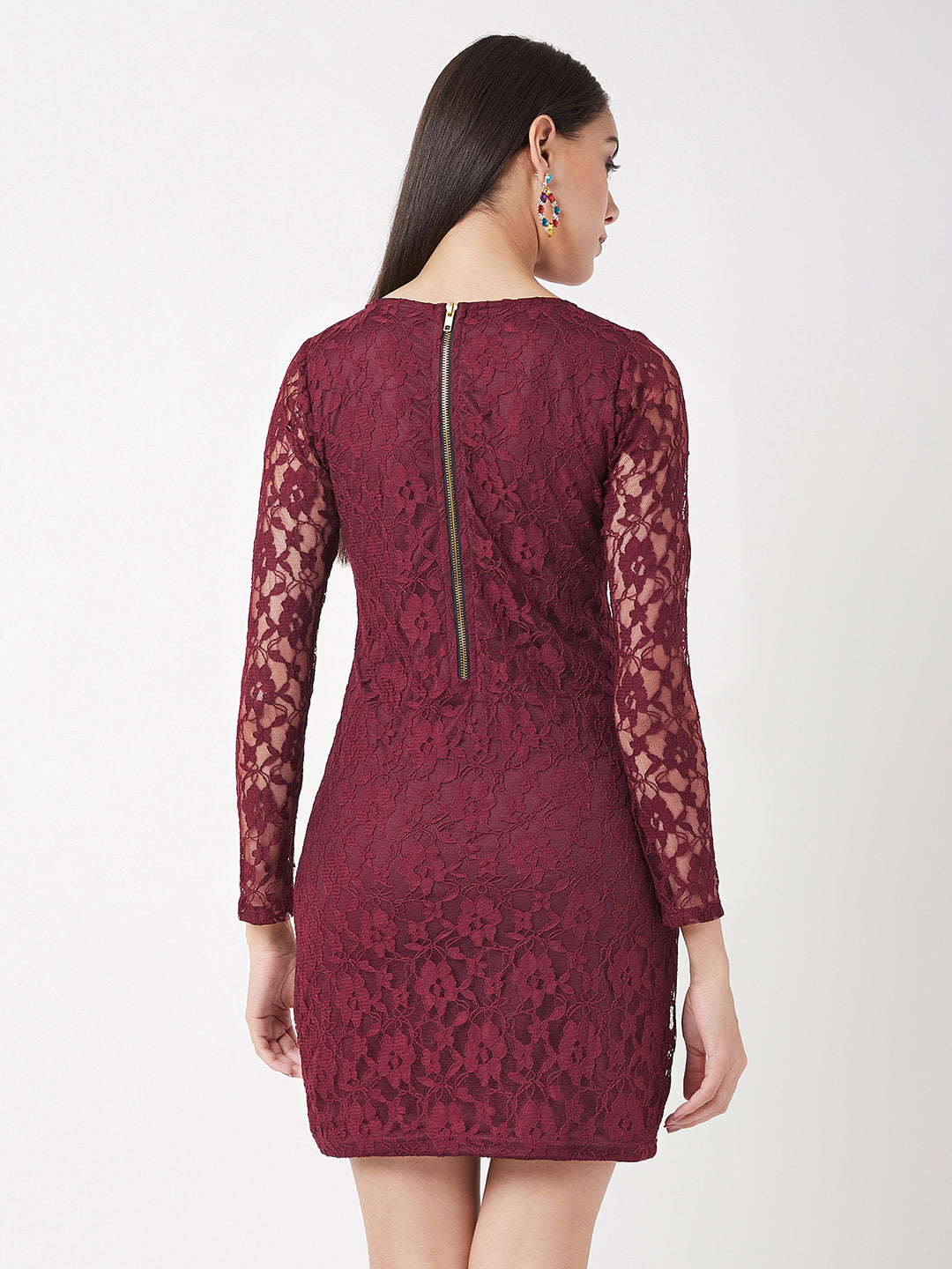 Maroon Round Neck Full Sleeves Bodycon Dress for Women — Miss Chase