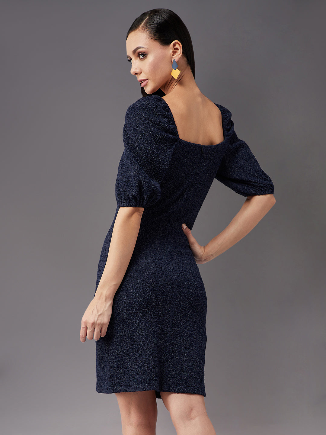 Women's Navy Blue Square Neck Puff Half sleeve Solid Bodycon Knee-Long Dress