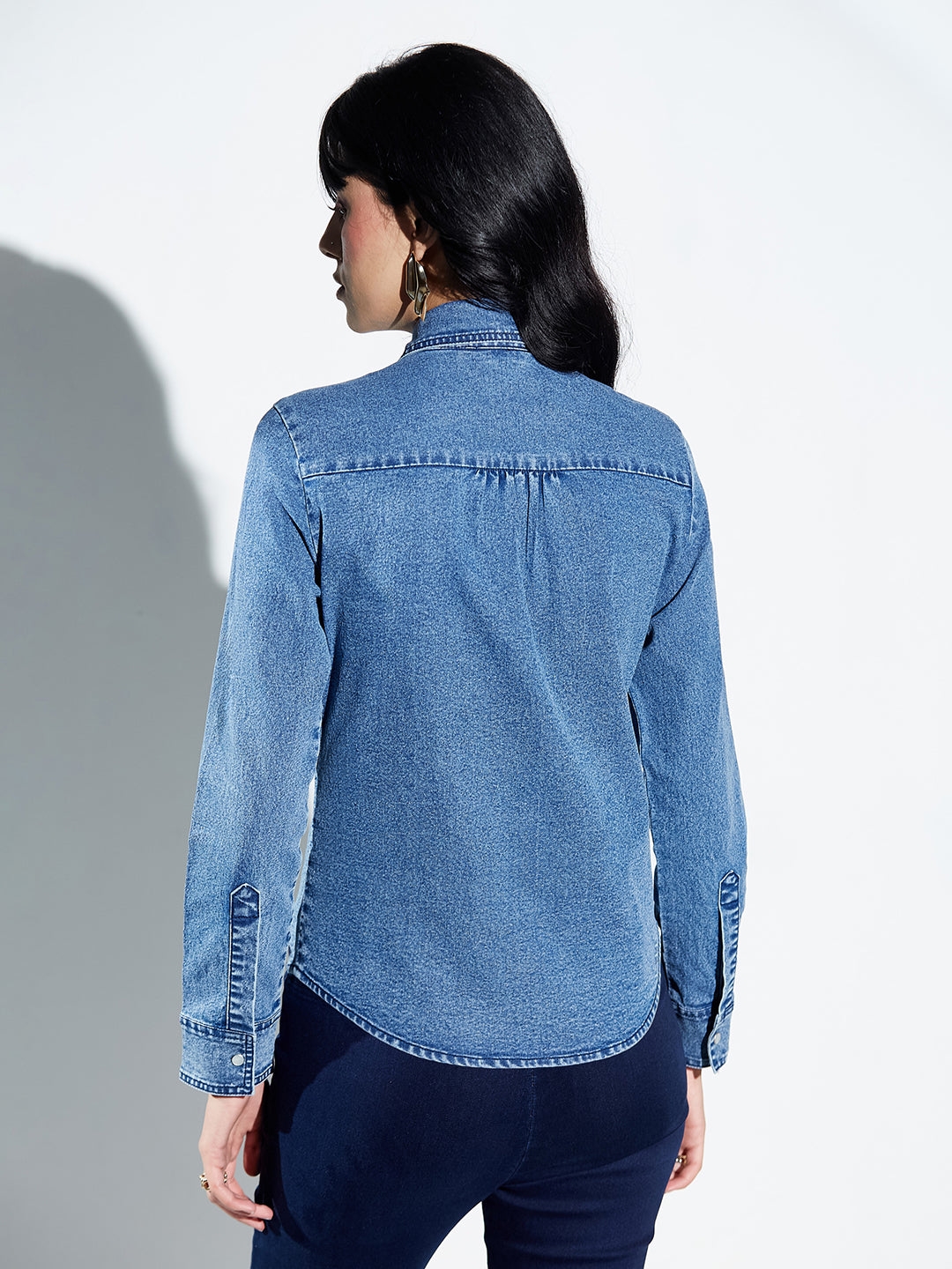 Navy Blue Ruffled Placket Denim Shirt with Pearl Buttons for Women