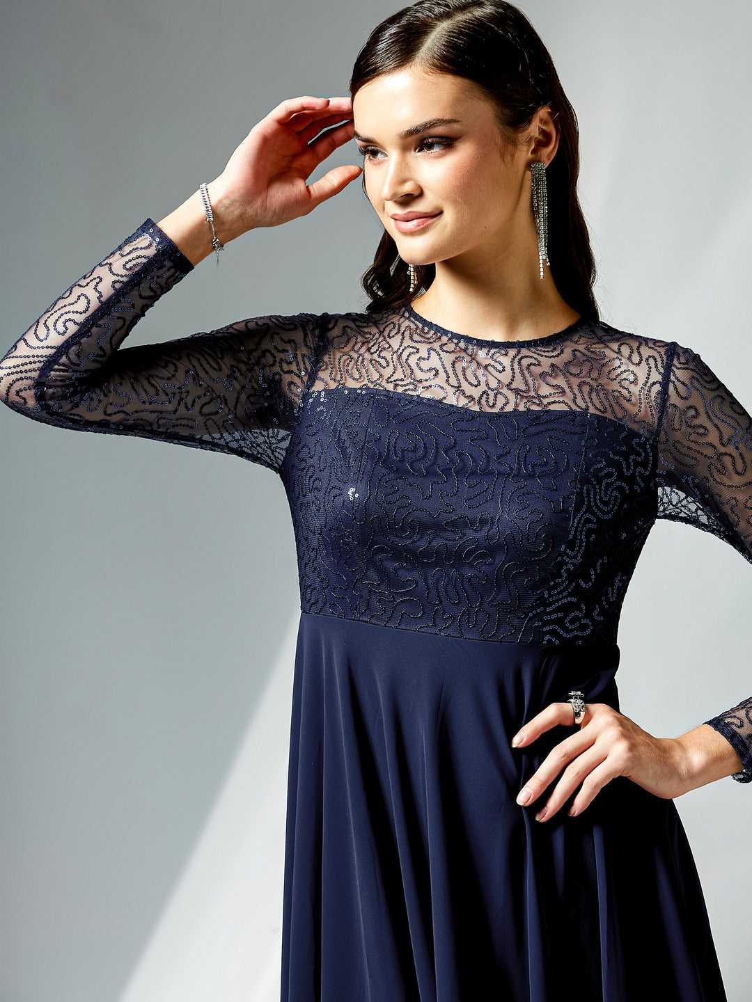 Navy-Blue Solid Embellished Maxi Dress for Women