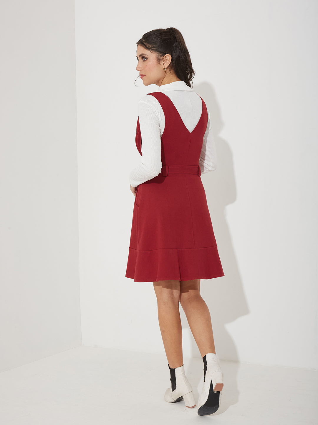 Maroon Solid Polyester Pinafore Dress with Zipper Detail and Side Pockets for Women — Miss Chase