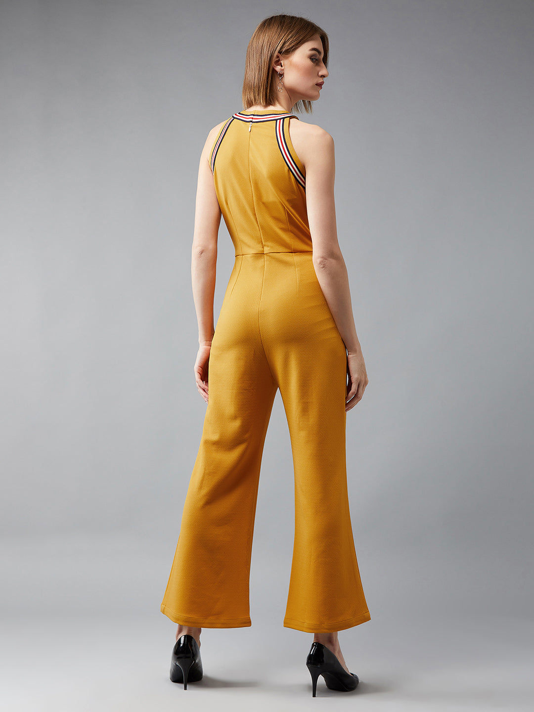Women's Mustard Yellow Halter Neck Sleeveless Polyknitted Solid Straight Leg Regular Length Jumpsuit