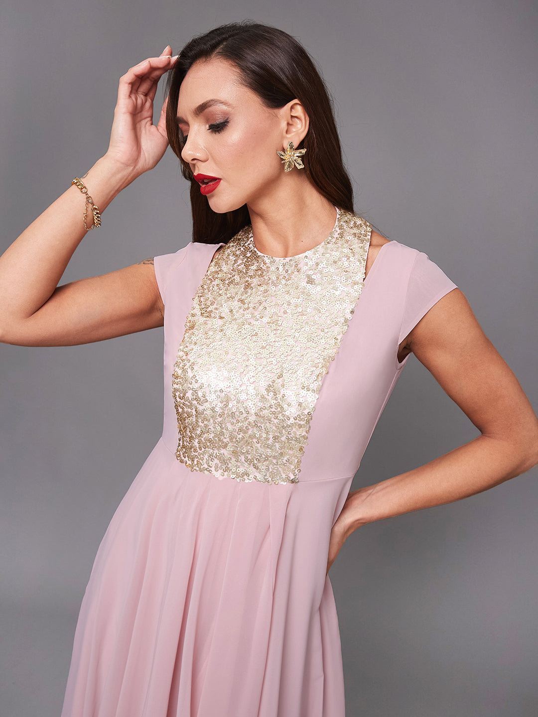 Women's Dusty Pink Round neck Cap Sleeve Sequined Party Maxi Dress