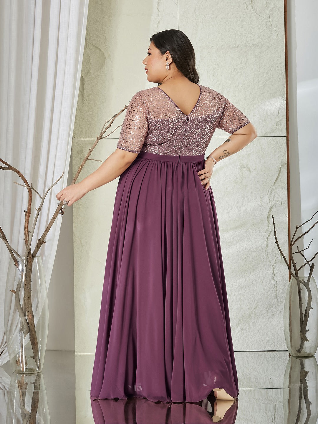Mauve Relaxed Fit Maxi Georgette & Sequins Dress for Women