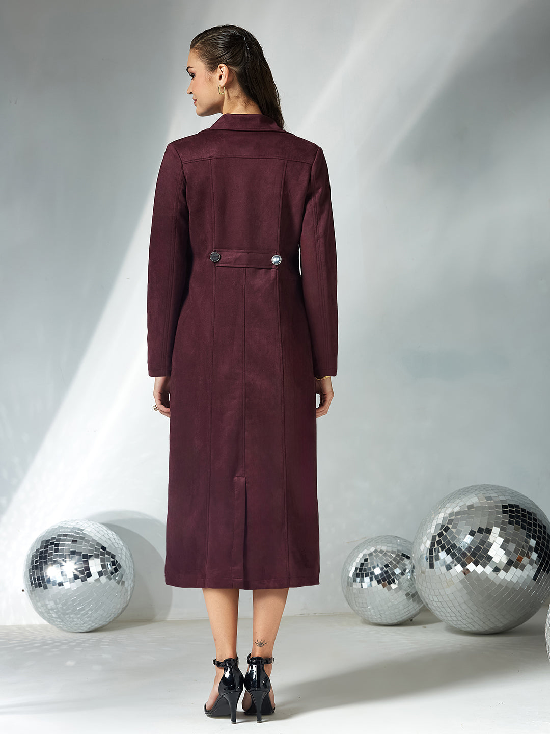 Women's Wine Solid V-Neck Full Sleeves Patched Pocketed Polyester Button Down Longline Winter Wear Jacket