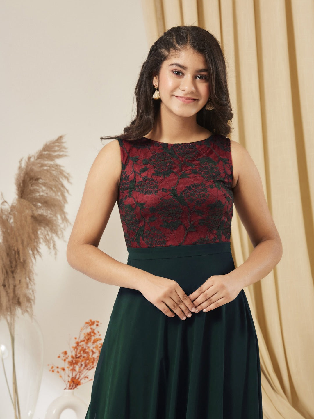 Dark Green Round Neck Sleeveless Georgette Floral Lace Fit & Flare Maxi Dress for Girls/Teenagers