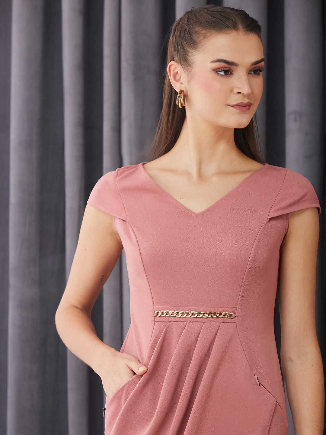 Dusty Pink V-Neck Cap Sleeve Solid Wrapped Polyester Knee-Long Dress for Women