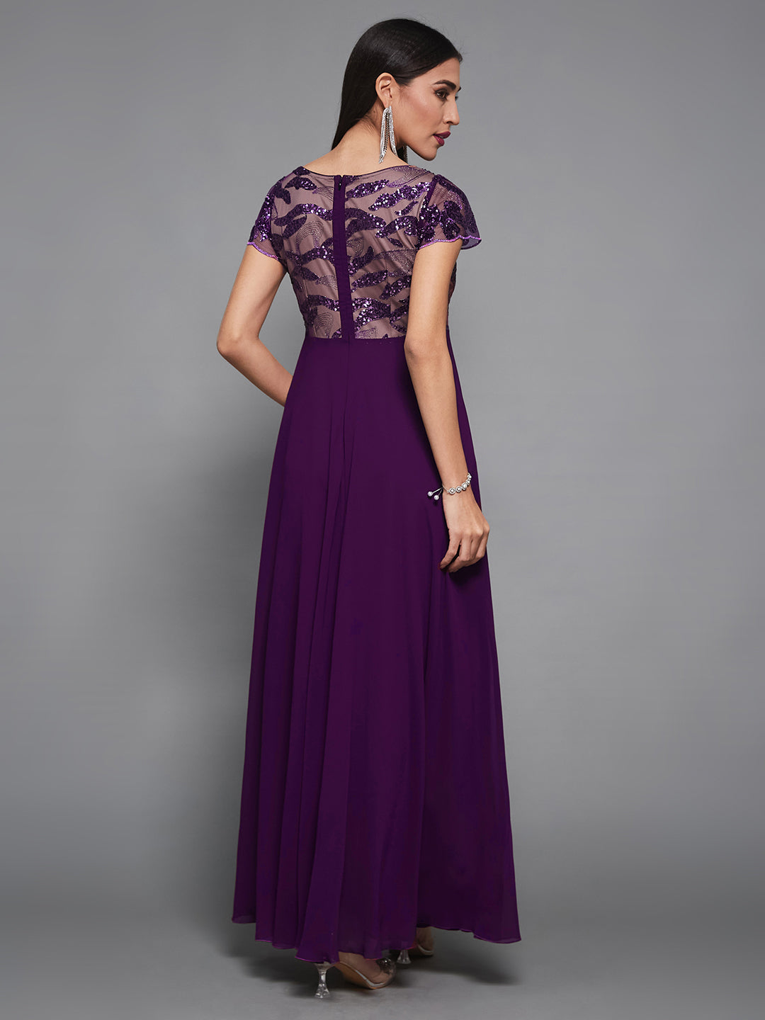 Dark Purple Round Neck Short Sleeve Embellished Embellished Maxi  Dress for Women
