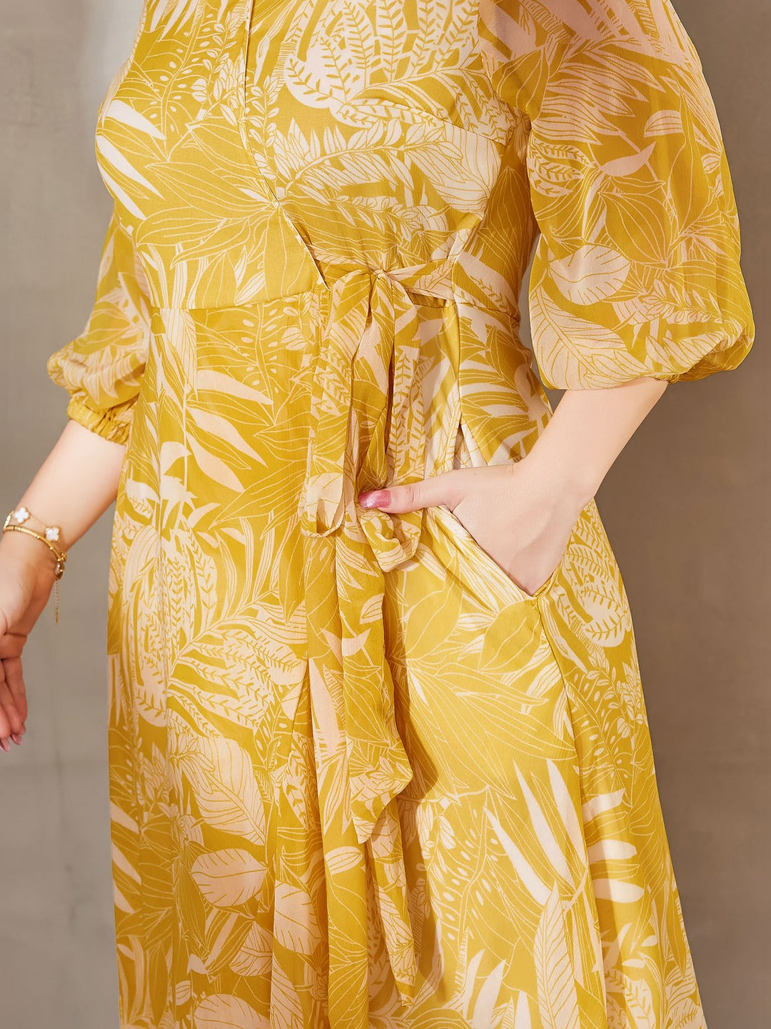 Yellow & White V-Neck Full sleeve Floral Layered Maxi Dress for Women