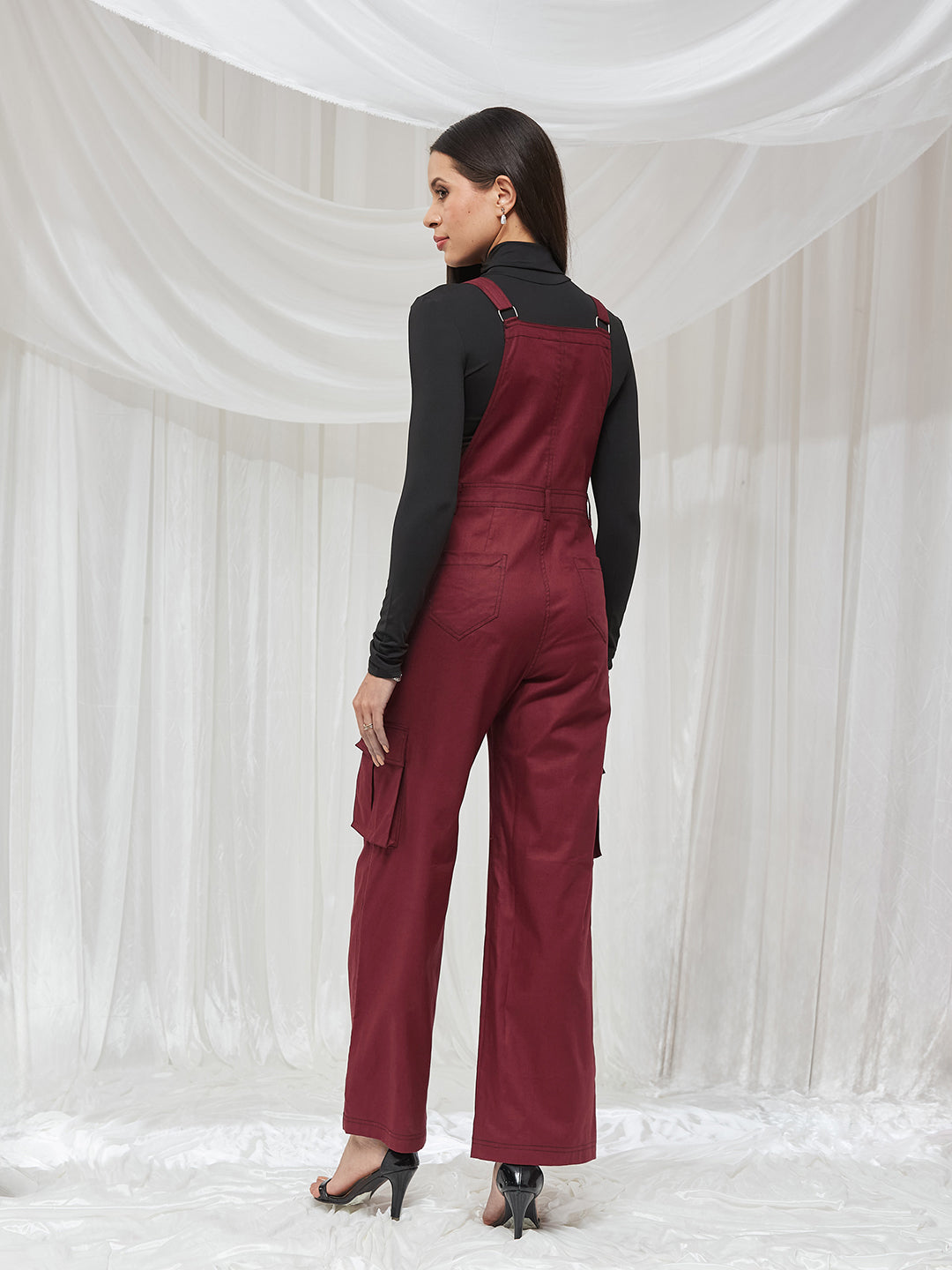 Maroon Square Neck Sleeveless Solid Full Length Cotton Dungaree for Women