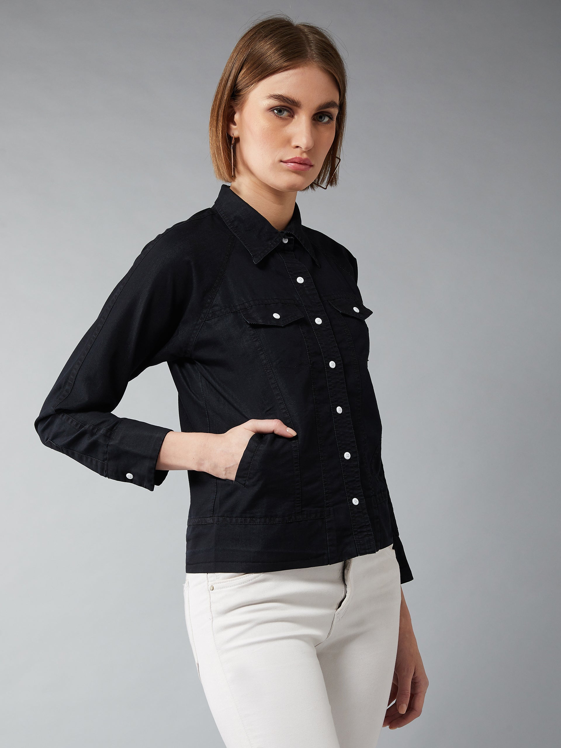 Women's Black Polo Neck Full Sleeves Flap Detailing Denim Solid Regular Length Bomber Jacket