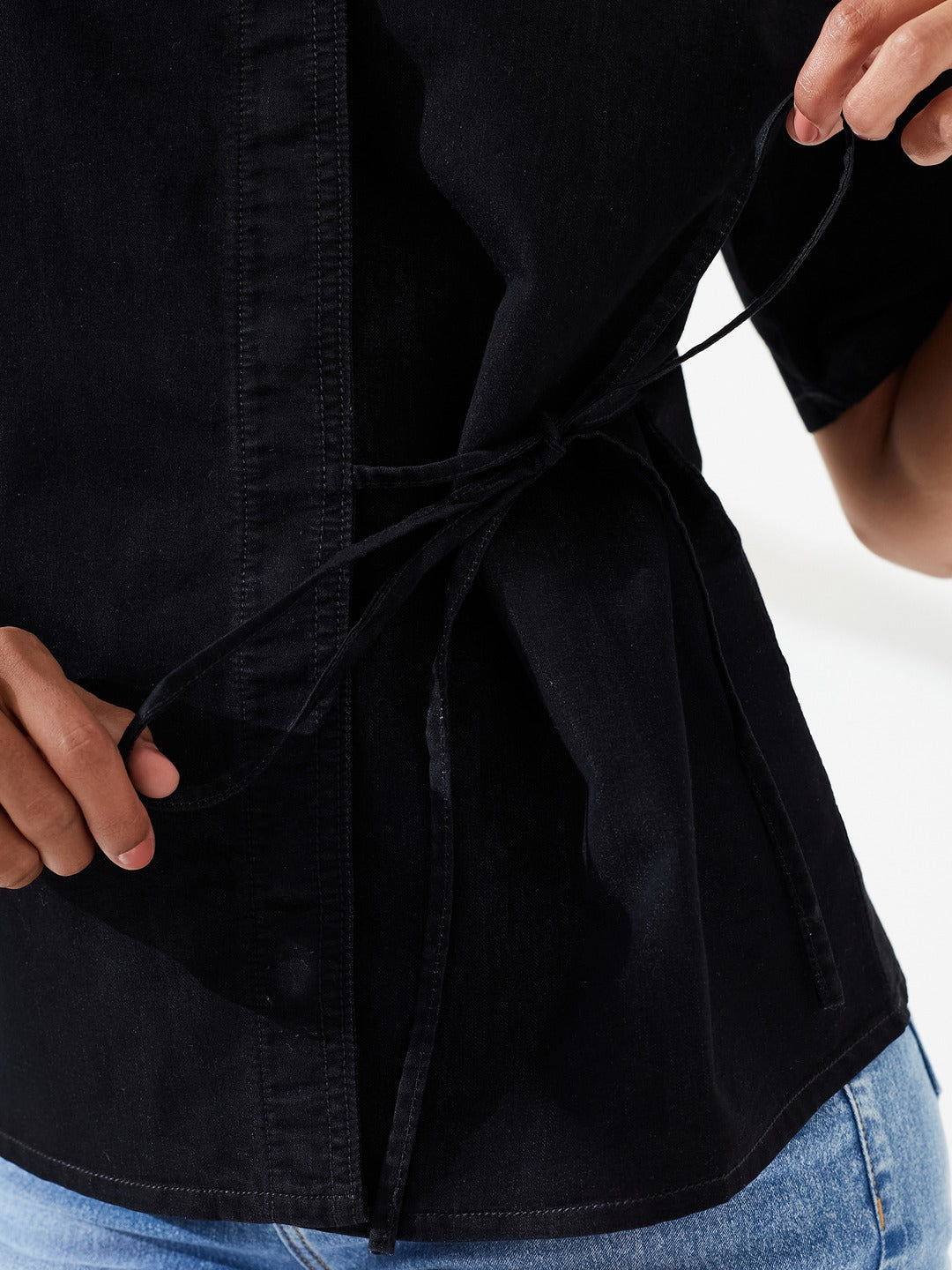 Black Shirt Collar Short-Sleeves Tie Up Solid Denim Shirt for Women