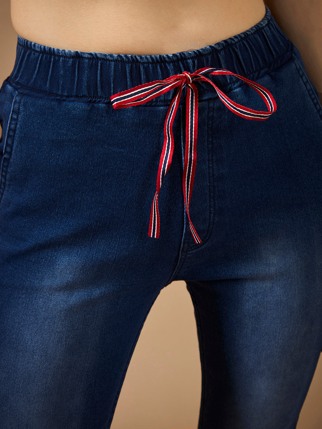 Women's Navy Blue Solid Mid-Rise Clean-Look Regular-Length Stretchable Denim Jogger Pants