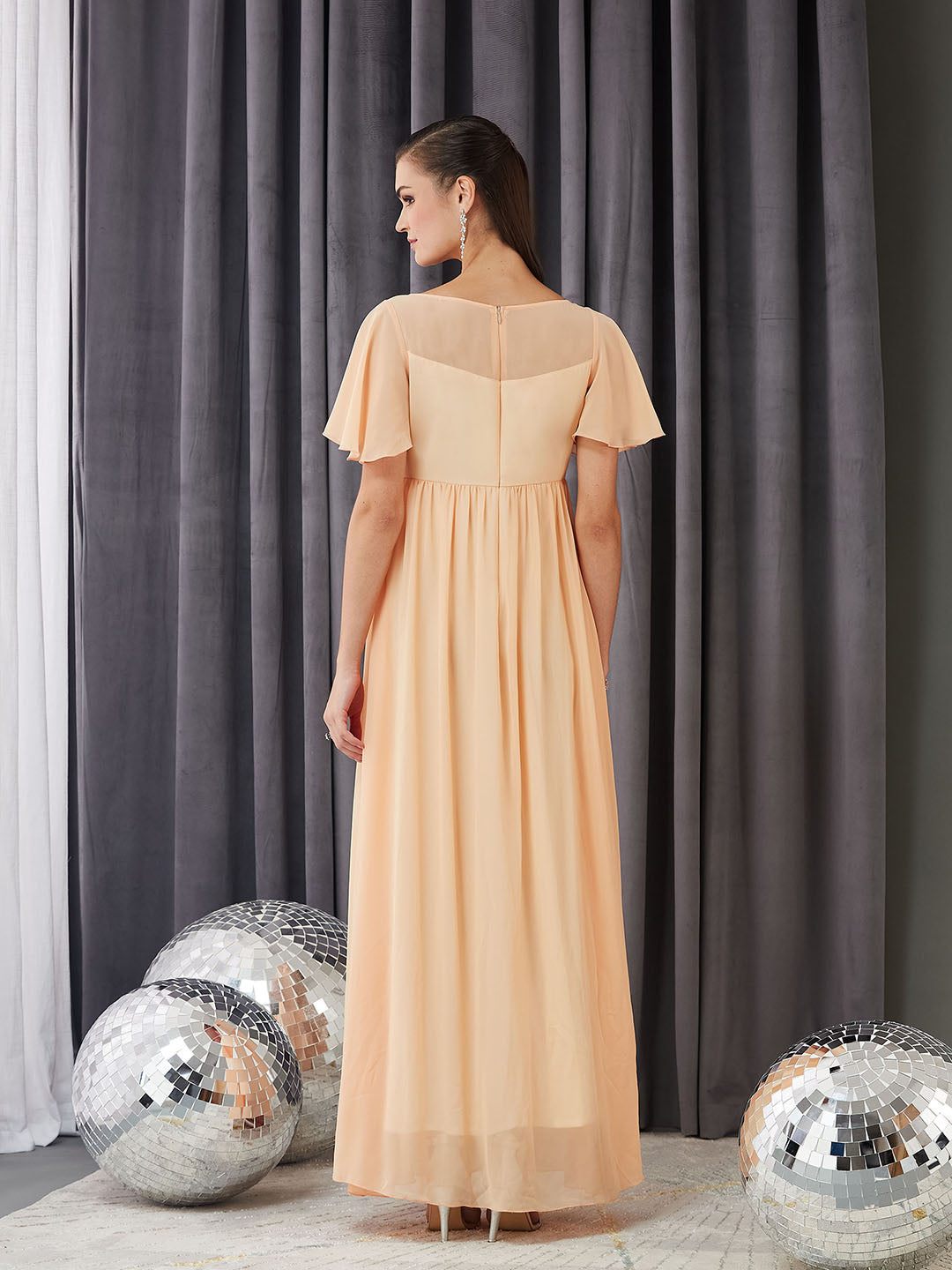 Women's Peach Boat Neck Half Sleeve Solid Embellished Georgette Maxi Dress