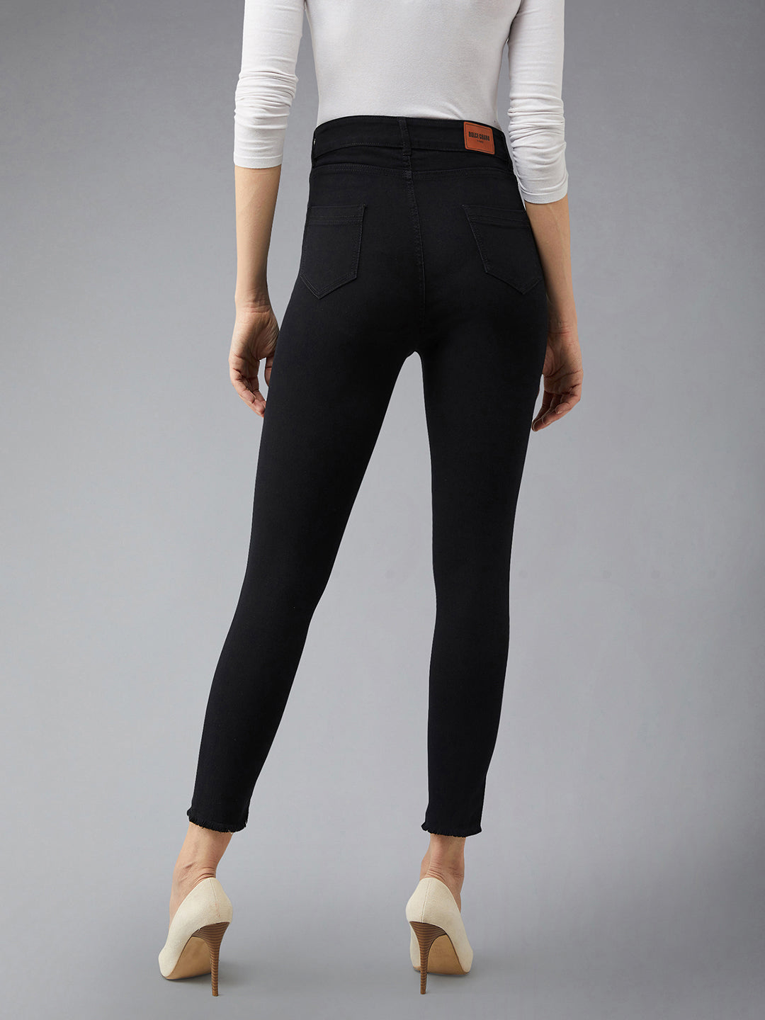 Women's Black Cotton Skinny Fit Cropped High Rise Stretchable Denim Jeans