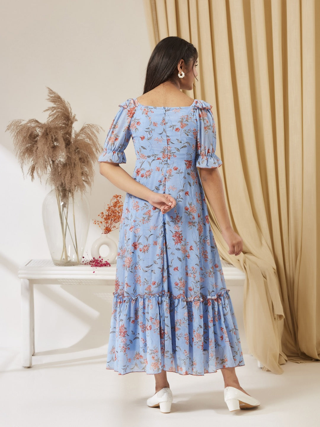 Powder Blue V-Neck Puff Sleeve Floral Ruching Ankle-Length Dress for Girls/Teenagers