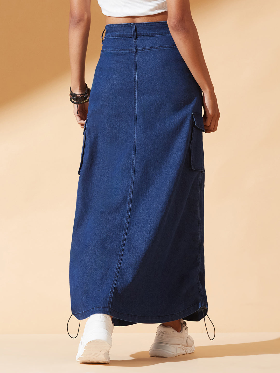 Navy Blue Baggy High-Rise Ruched Parachute Stretchable Denim Midi Skirt for Women