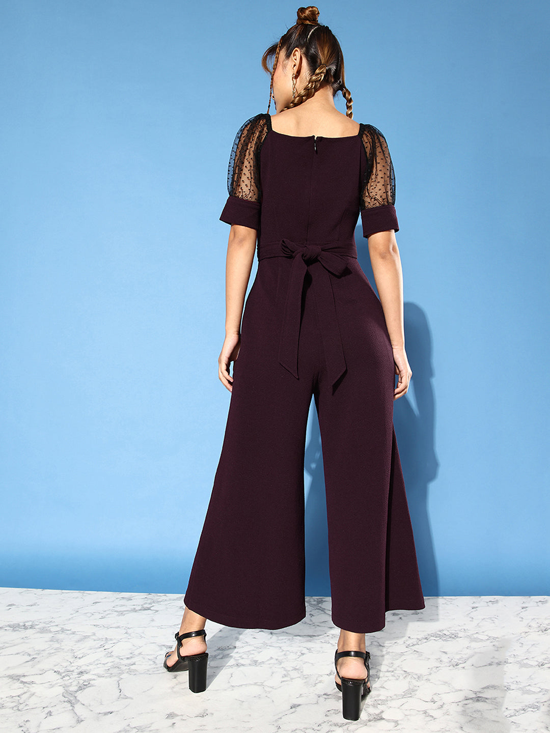 Crease Ease Women's Dark Purple & Black Solid Straight Leg Square Neck Half Sleeve Relaxed Fit Jumpsuit