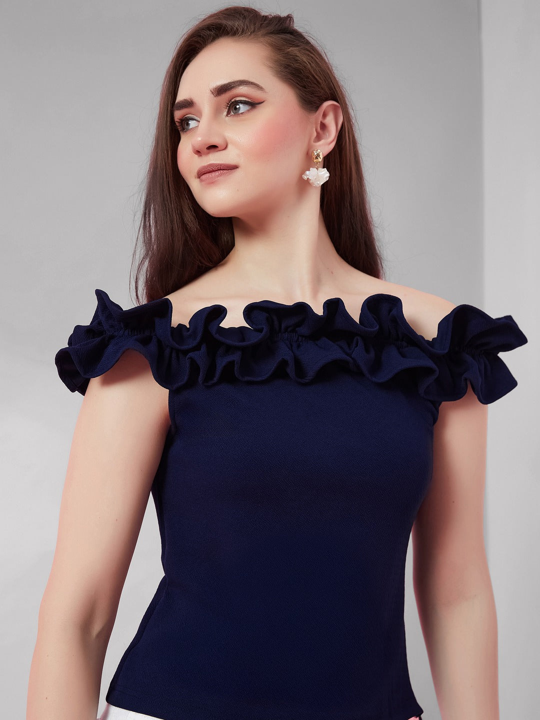 Navy Blue Off Shoulder Sleeveless Solid Ruffled Frilled Gathered Bardot Top for Women
