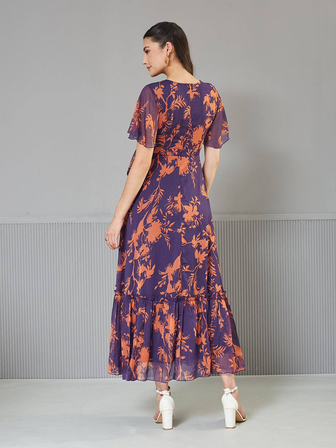 Women's Orange & Purple Floral Wrap Chiffon Maxi Dress with Flutter Sleeves & Frilled Hem