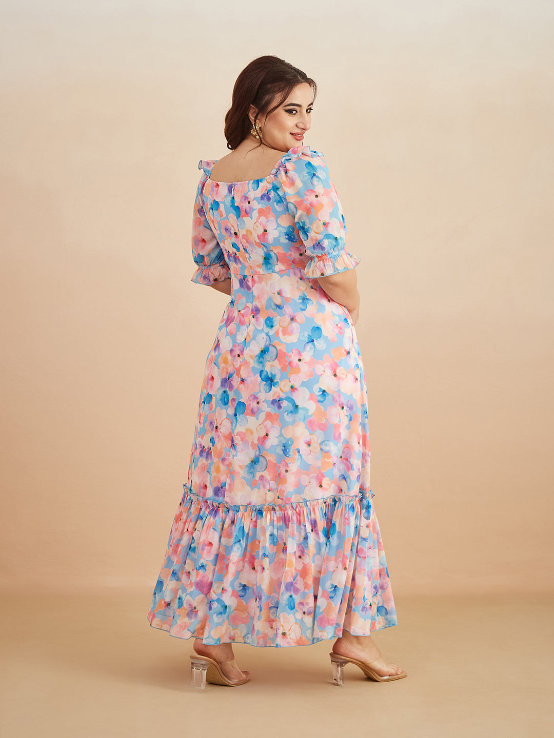 Multicolored-Base-Sky Blue V-Neck Puff Sleeve Floral Ruching Ankle-Length Dress for Women