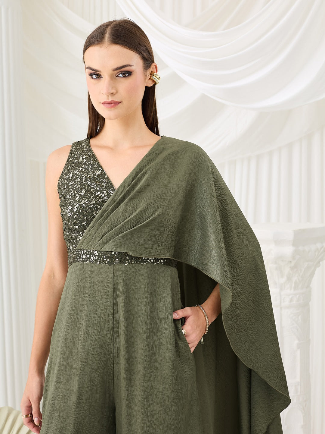 Embellished Satin Jumpsuit in Pale Olive with Draped Pleats for Women