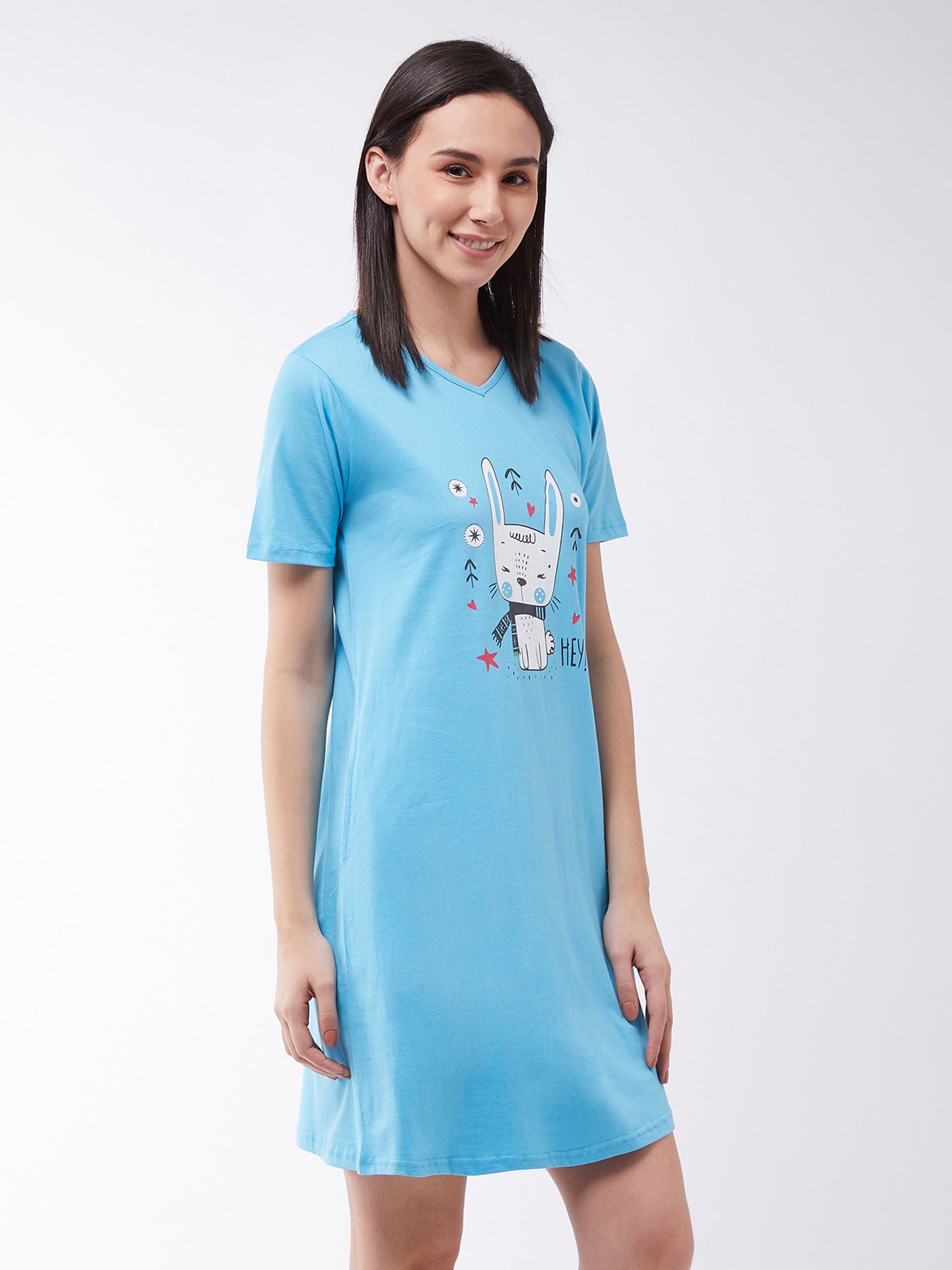 Women's Blue Round Neck Short Sleeves Printed Regular length Dress