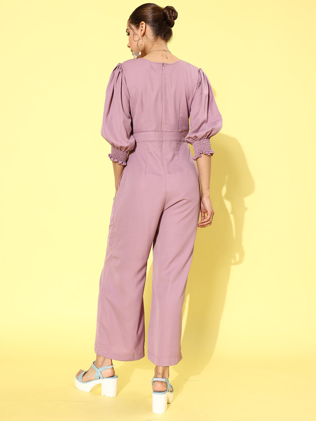 Women's Lavender V neck 3/4th Sleeve Solid Pleated Regular Jumpsuit