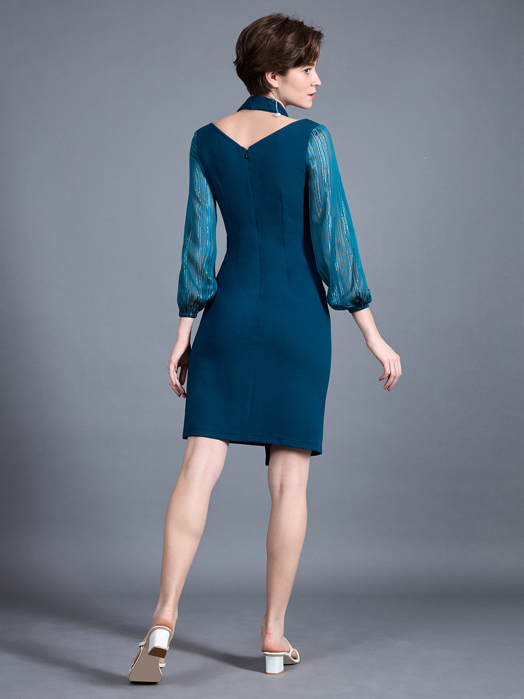 Women's Teal Shawl Collar Bishop Sleeves Solid Double Breasted Knee Length Dress