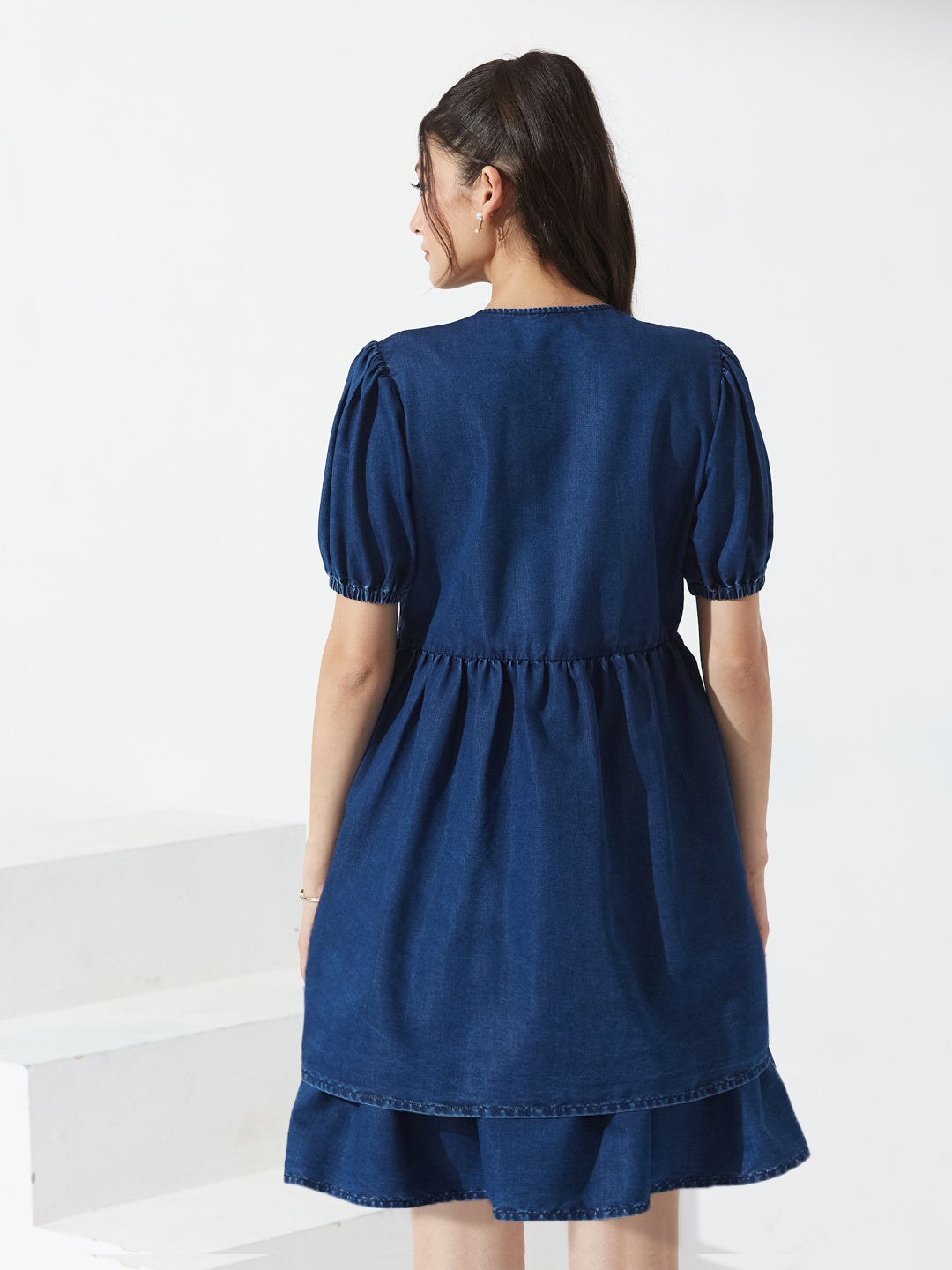 Navy Blue Round Neck Puff Sleeve Tie-Up Knee-Length Denim Dress For Women