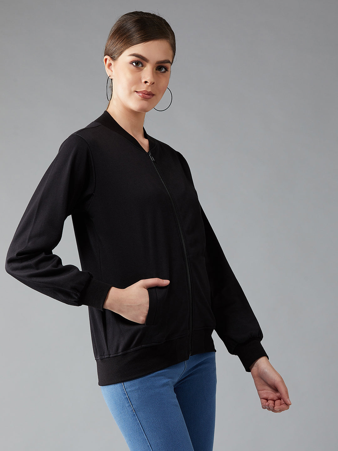 Women's Black Collared Full Sleeves Solid Bomber Regular Length Jacket