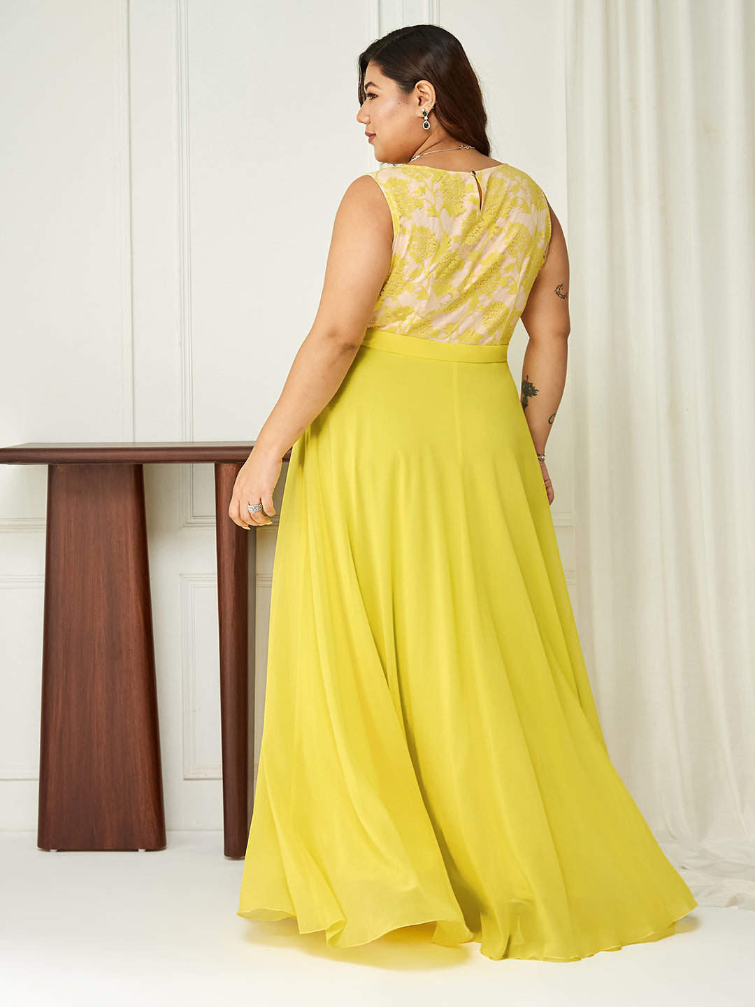 Women's Light Yellow Round Neck Sleeveless Georgette Lace Floral Fit & Flare Maxi Dress