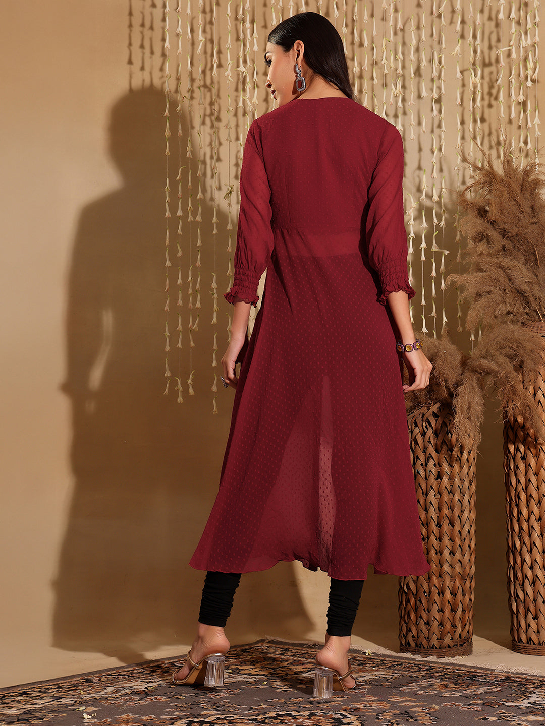 Women's Maroon V-Neck 3/4 Sleeves solid empire Maxi Top