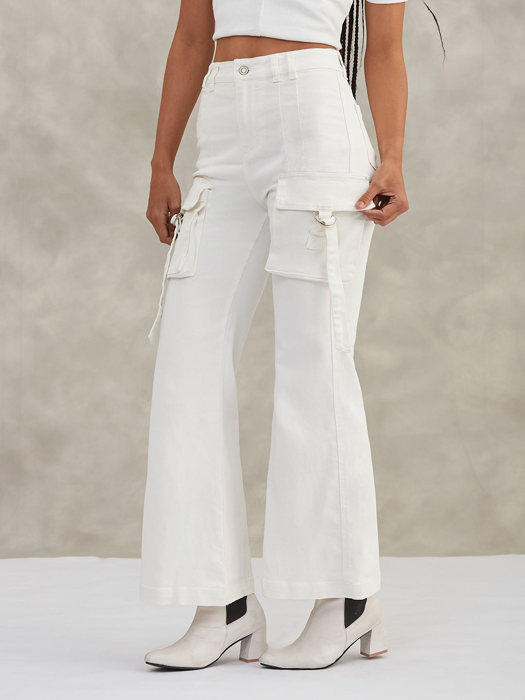 Women's White Bootcut High-Rise Stretchable Denim Jeans