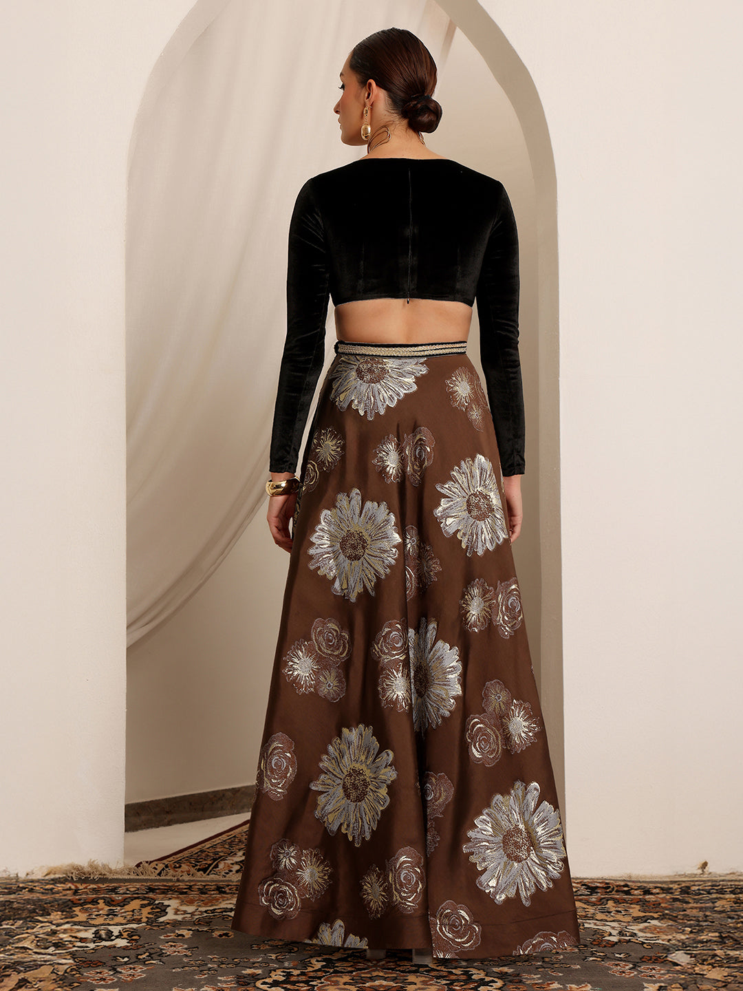 Raas Avi Brown Choli-Cut Floral Cut-Out Maxi Dress