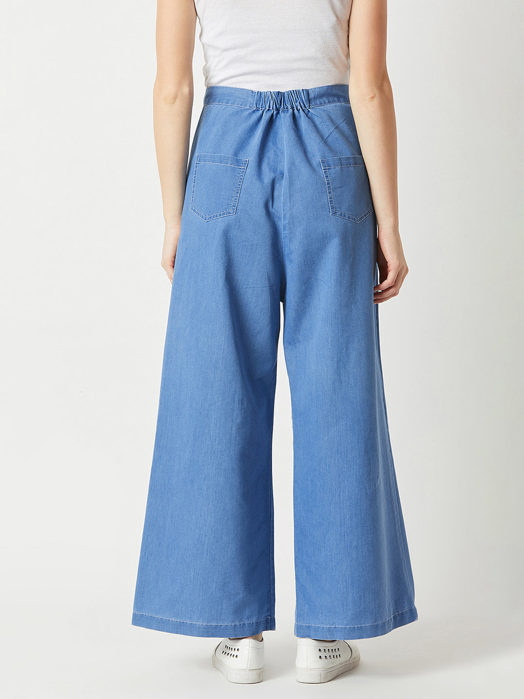 Women's Blue Flared Wide-Leg High Rise Clean Look Regular Length Non Stretchable Light Weight Denim Pants