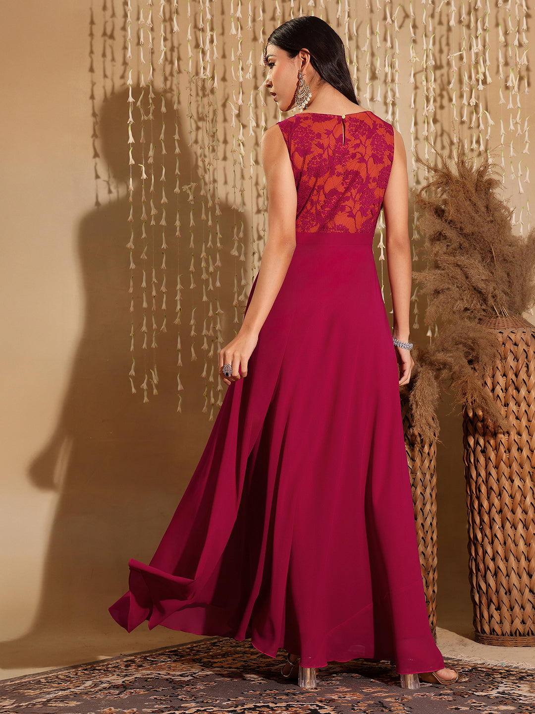 Women's Dark Pink & Rust Boat Neck Sleeveless Self Design Lace Overlaid Regular Dress