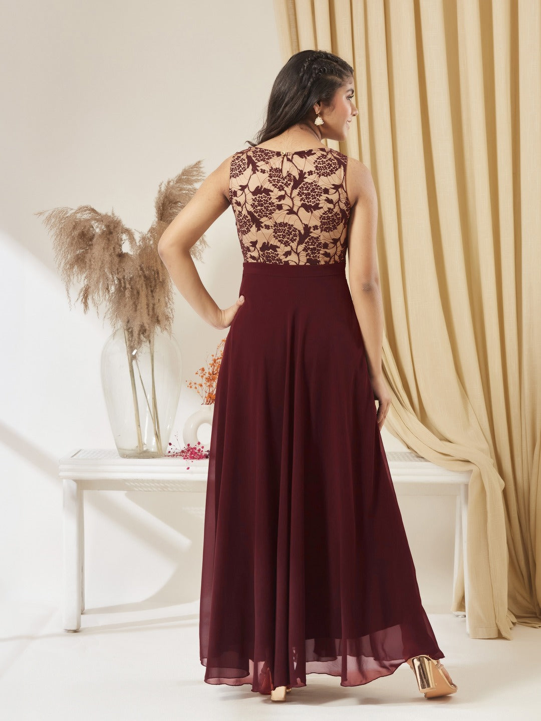 Beige & Wine Round Neck Sleeveless Georgette Floral Lace Fit & Flare Maxi Dress for Girls/Teenagers