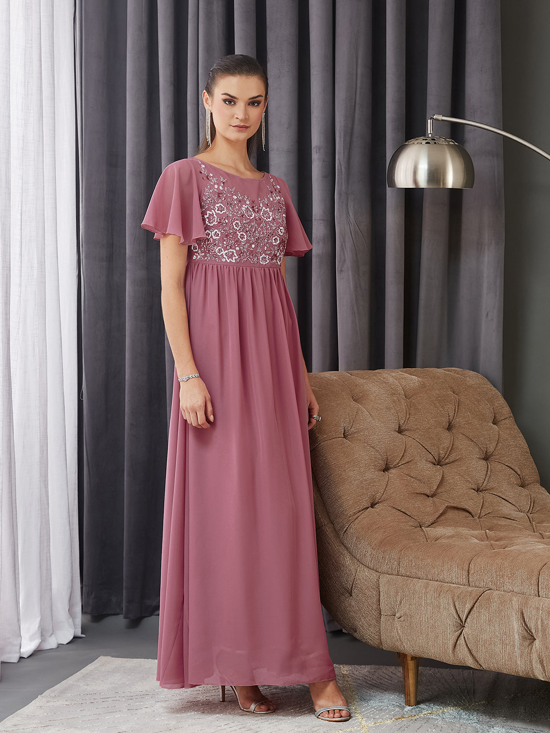 Women's Dusty Lavender Boat Neck Half Sleeve Solid Embellished Georgette Maxi Dress