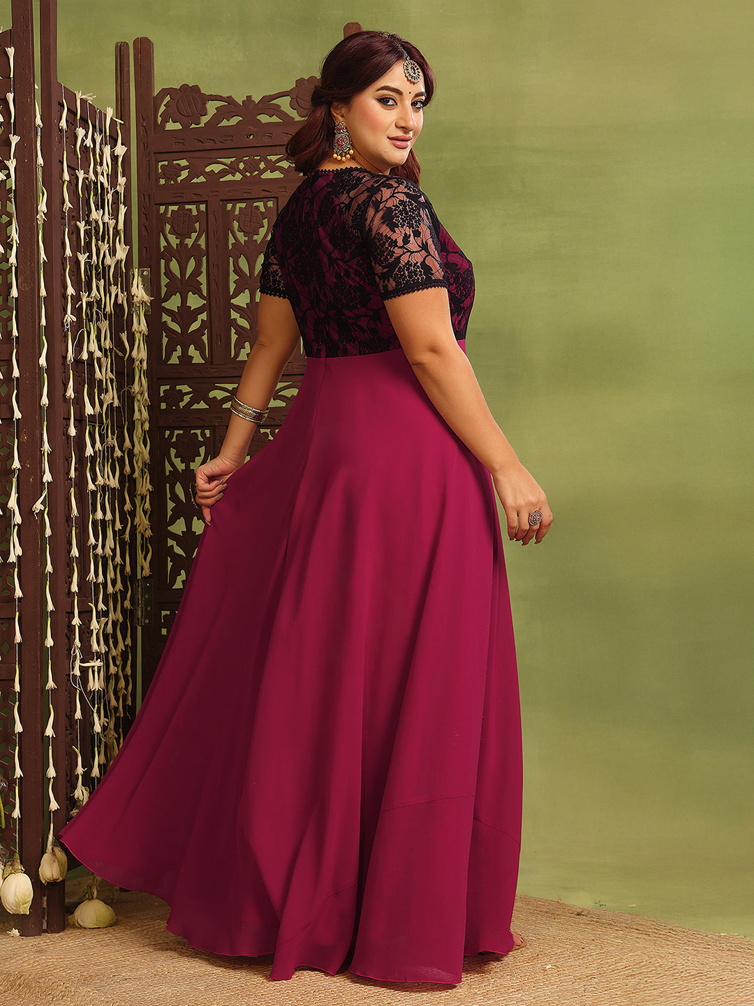 Women's Dark Pink Georgette Short-Sleeved Self-Design Lace-Overlaid Maxi Dress